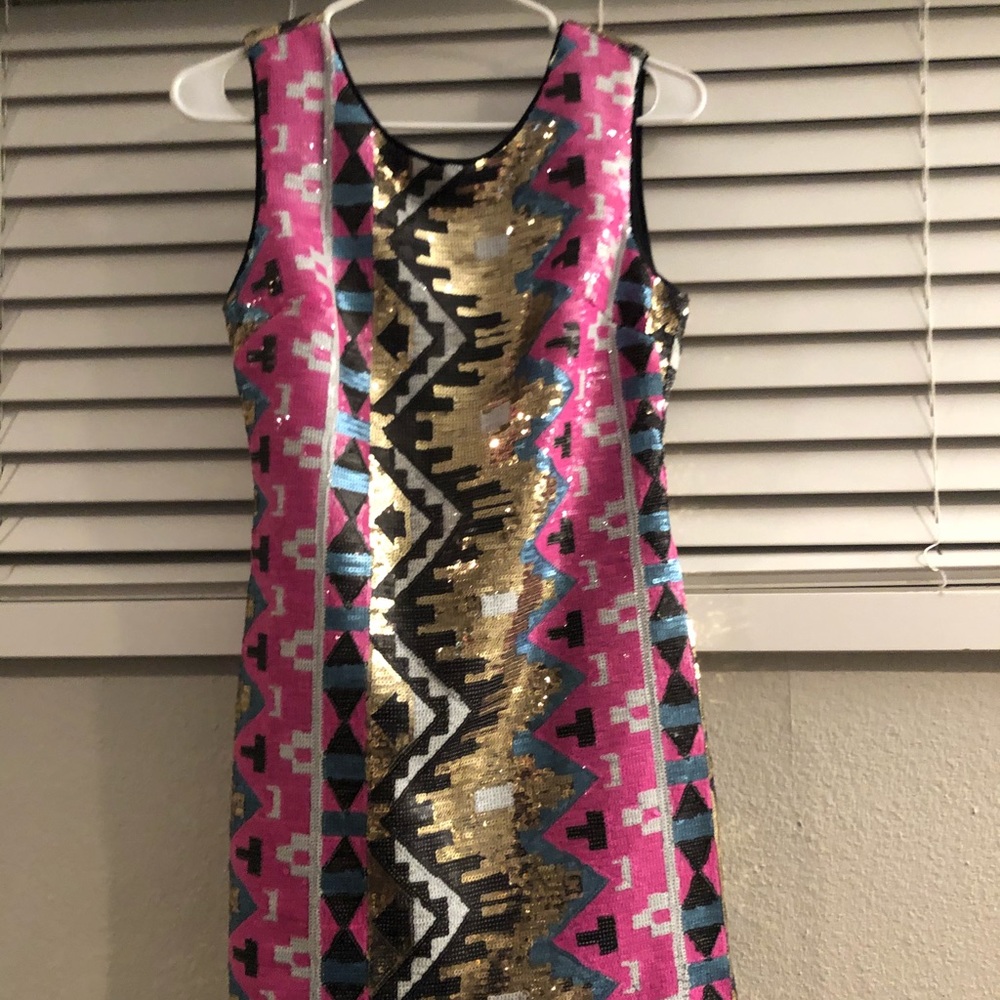 Colorful pink and gold sequin dress